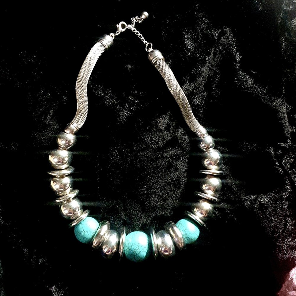 Chunky Egyptian Style Choker with Silver and Turquoise Toned  Beads 18 in.